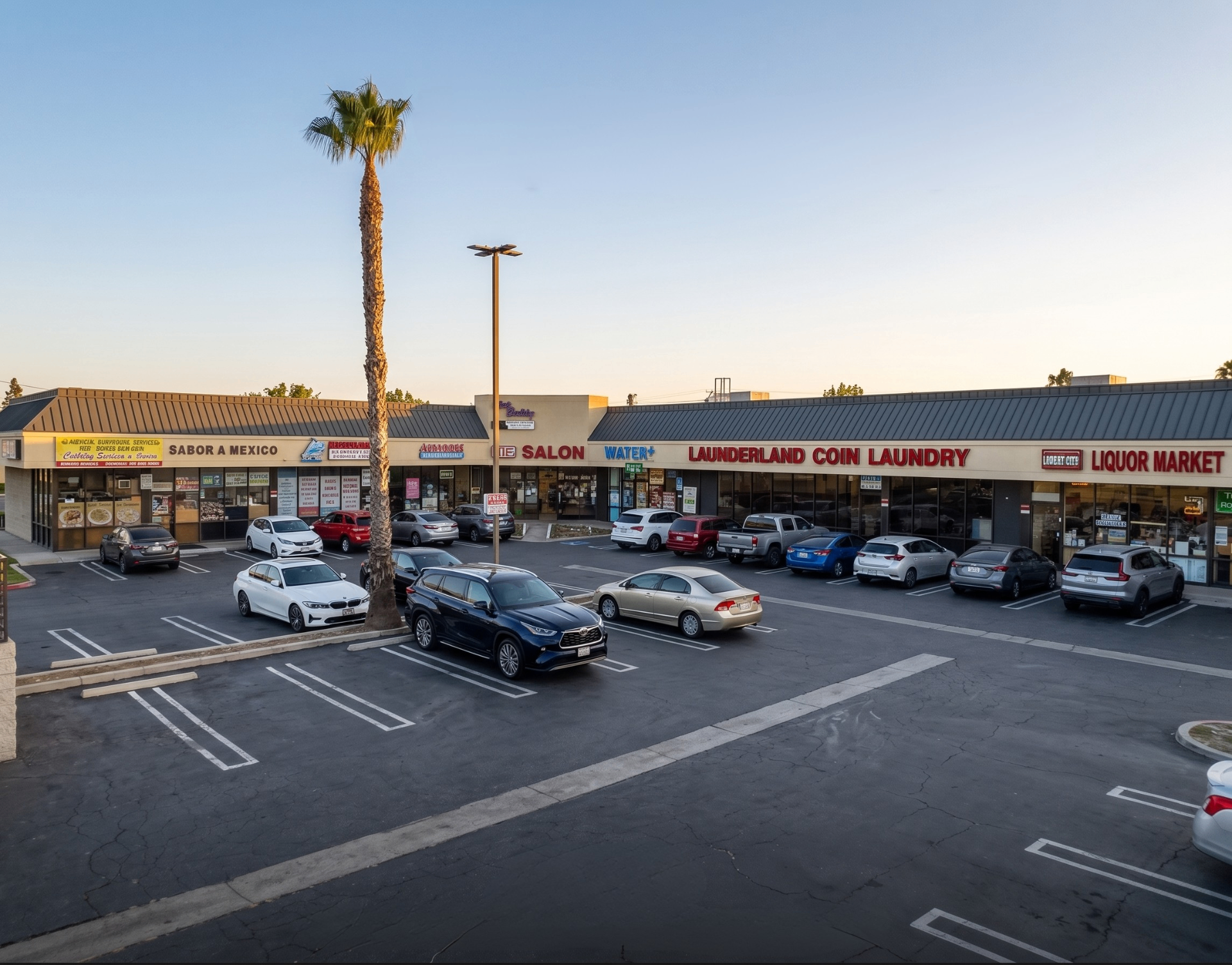 Van Nuys & Plummer Plaza storefronts with palm tree at sunset